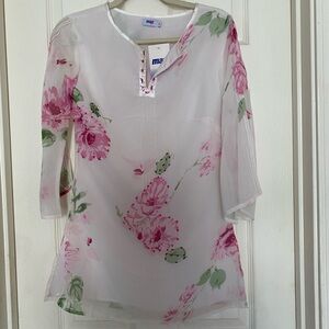 Women's Floral Sheer Top - Pink and Green